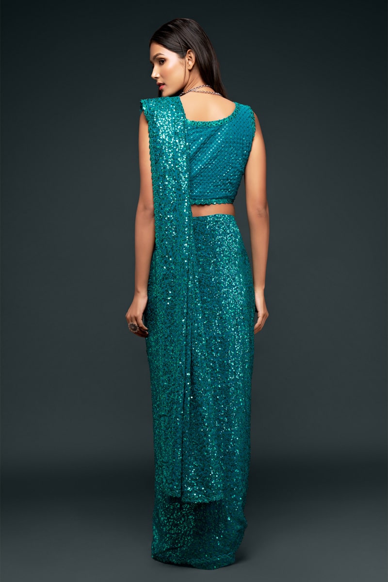 Teal Blue Color Designer Multipal Sequence Embroidery Georgette Saree