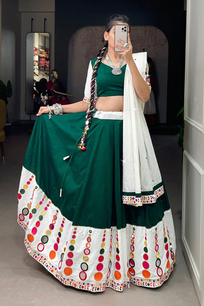 Green Designer Pure Cotton Original Mirror Work Lehenga Choli