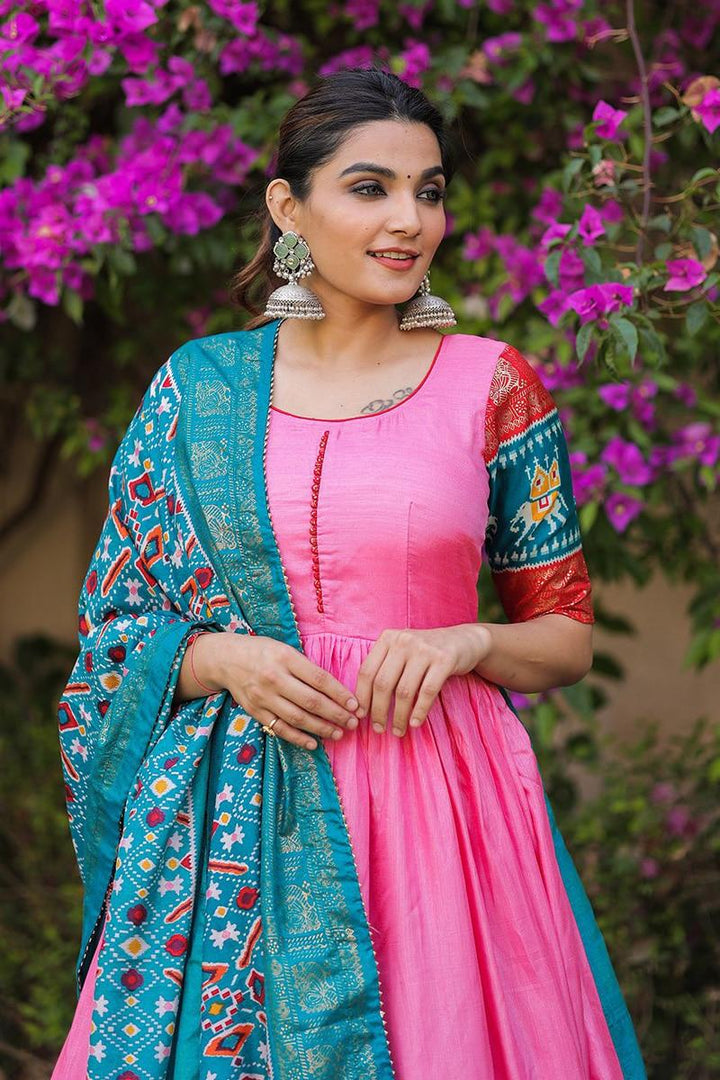 Pink Color Designer Patola With Foil Print Dola Silk Gown