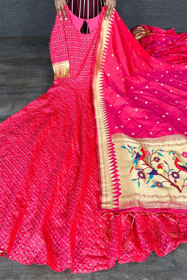 Pink Unique Jacquard Weaving Work Gown With Dupatta