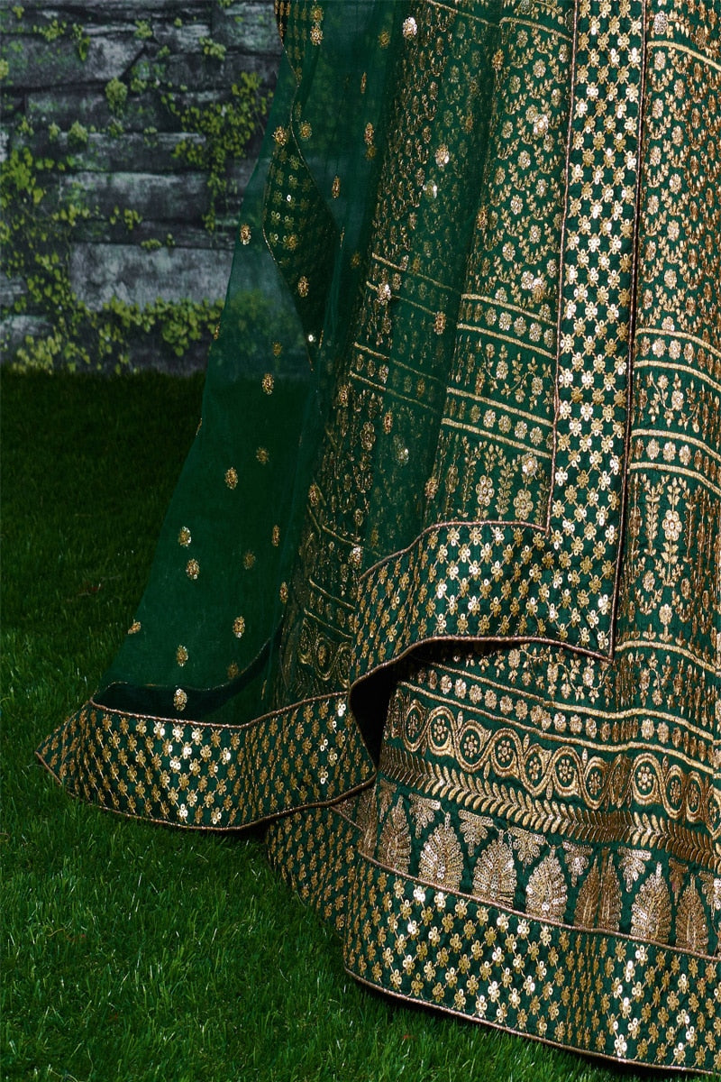Green Sequin Embroidery Raw Silk Lehenga Choli