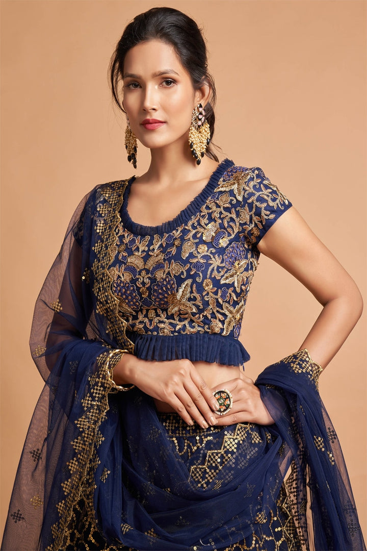 Navy Blue Thread Embroidery Soft Net Lehenga Choli