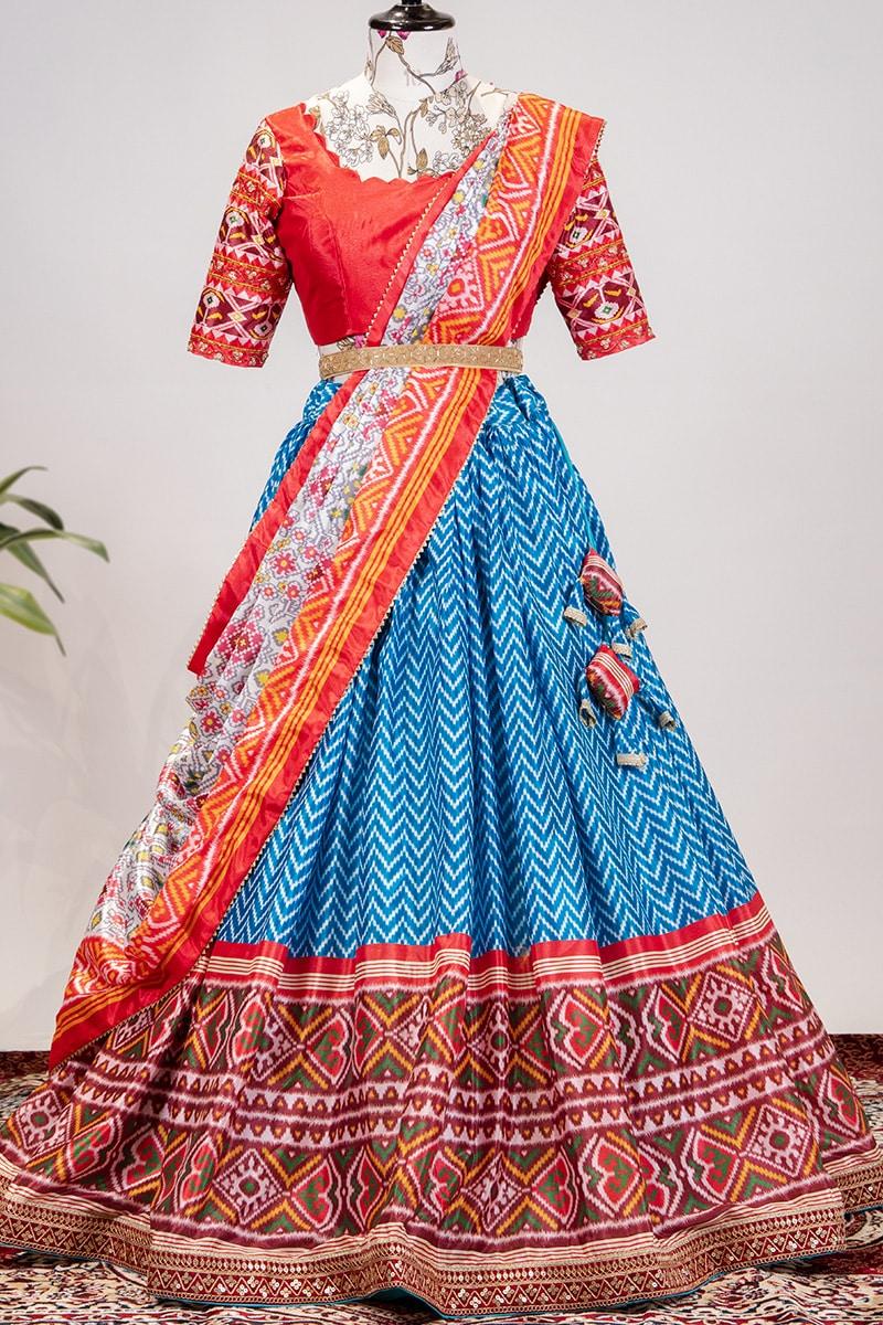 Sky Blue Color Leriya Patola Printed Chinon Lehenga Choli