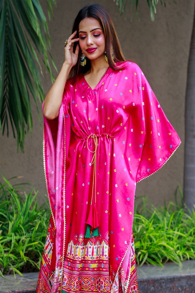 Dark Pink Color Printed Pure Gaji Silk kaftan