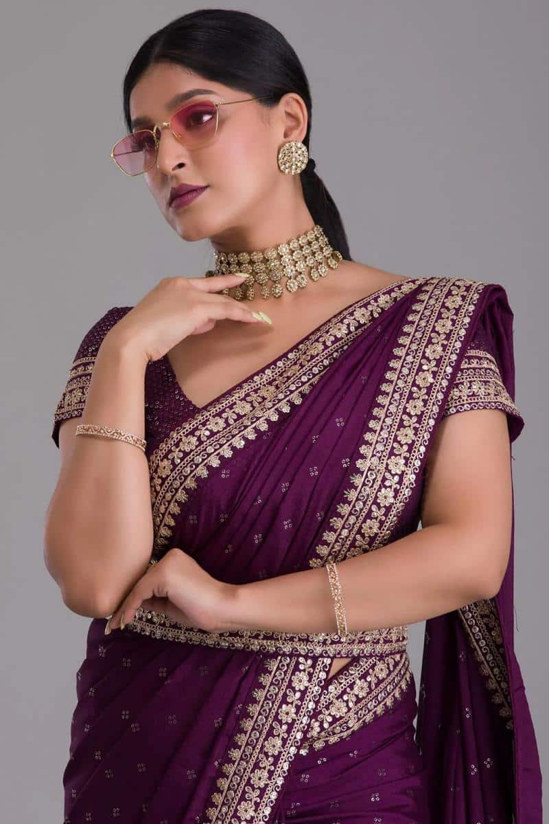 Wine Color Kasturi Silk  Sequence Work Saree