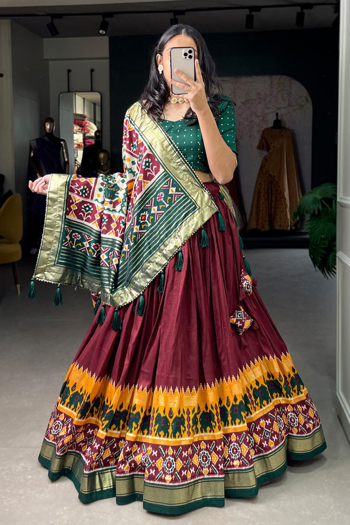 Maroon Amazing Patola Printed Tussar Silk Lehenga Choli