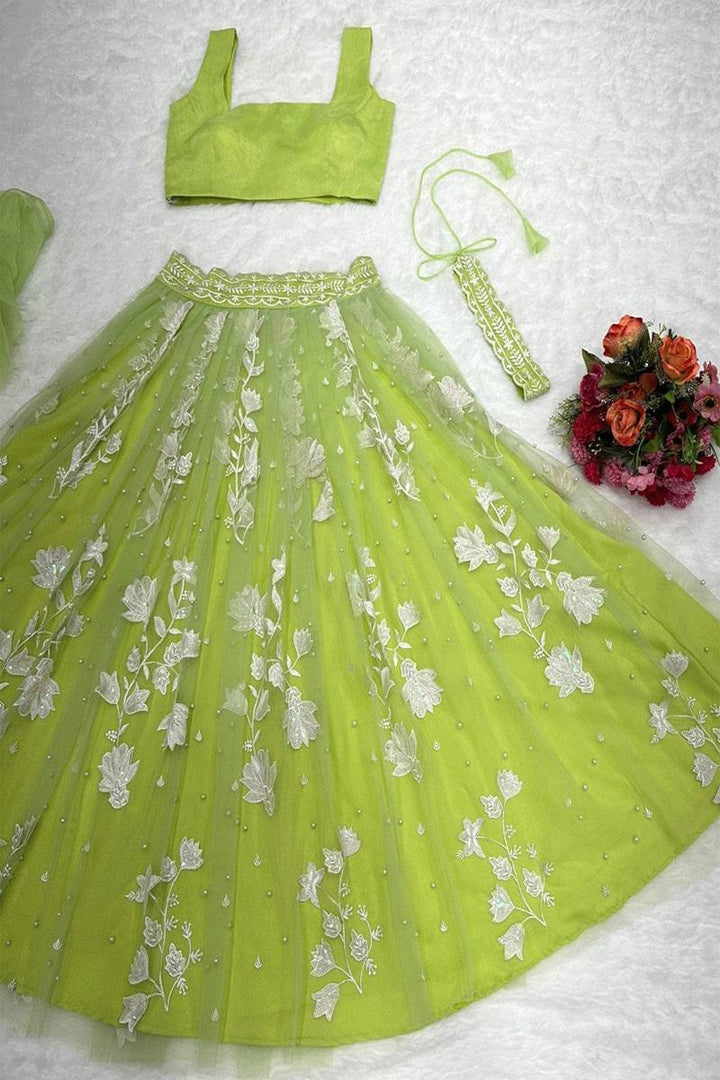 Olive Green Amazing Thread Sequence Organza silk With Rivet Moti Lehenga Choli