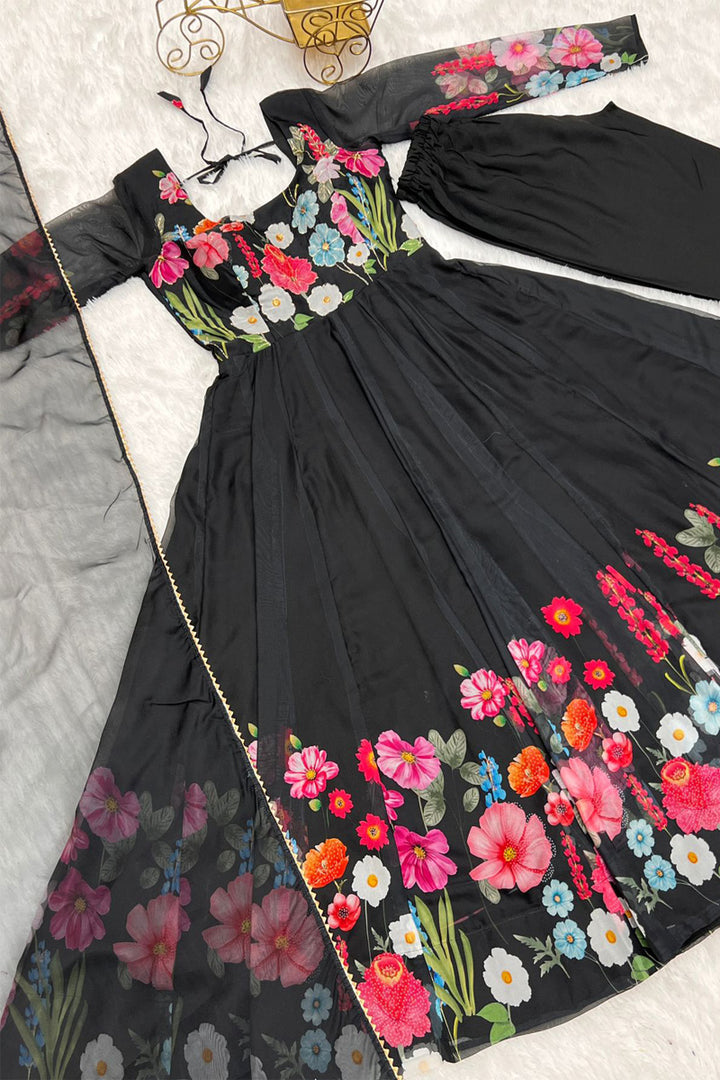 Black Floral Printed Organza Anarkali Suit