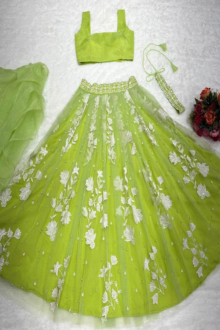 Olive Green Amazing Thread Sequence Organza silk With Rivet Moti Lehenga Choli