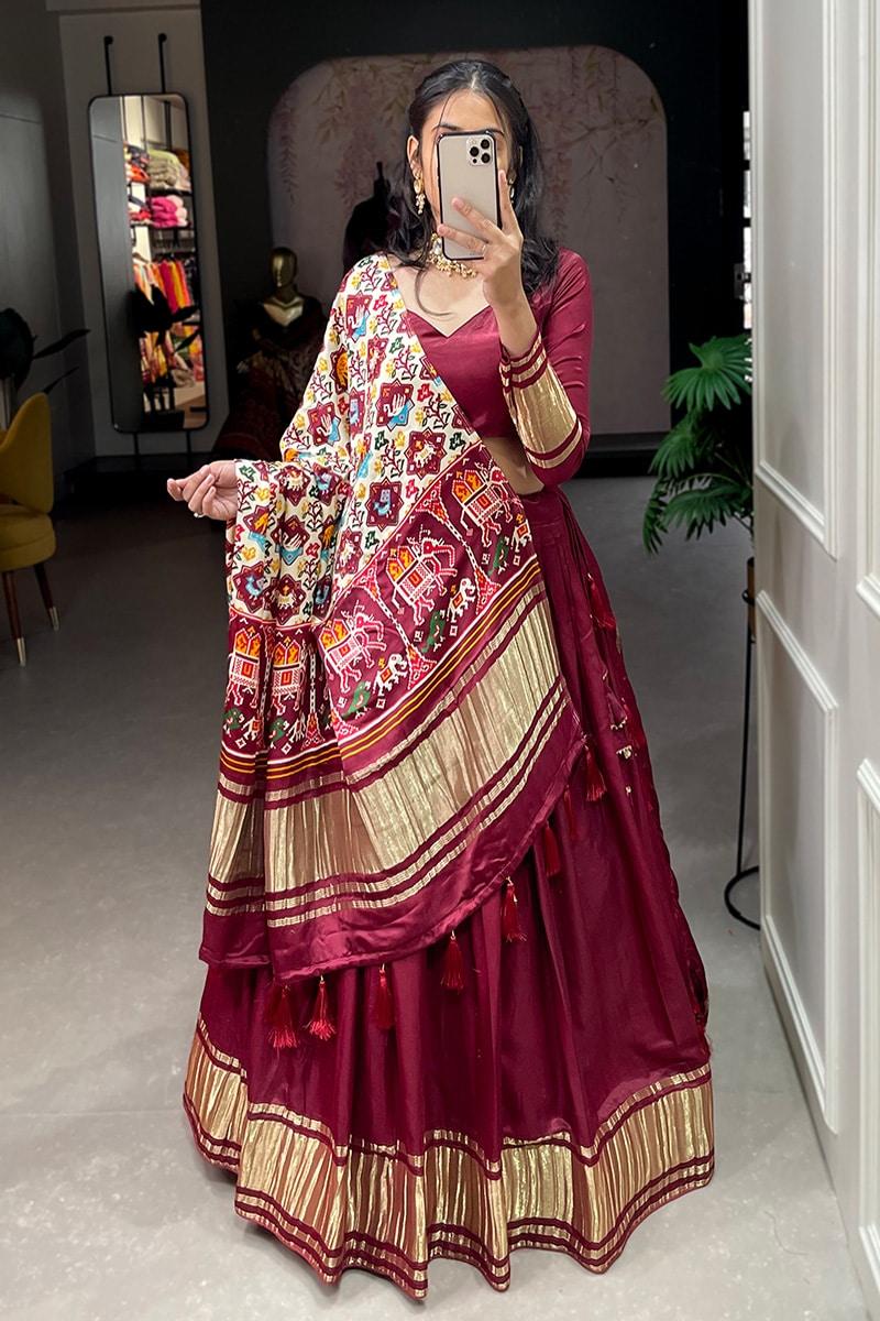 Maroon Dyeing With Lagdi Patta Gaji Silk Lehenga Choli