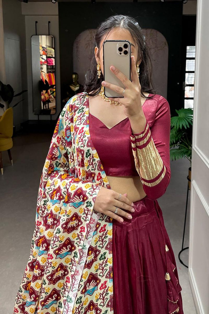 Maroon Dyeing With Lagdi Patta Gaji Silk Lehenga Choli