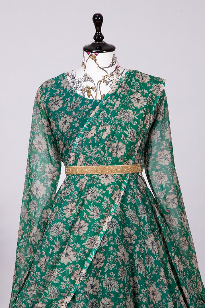 Green Georgette Printed Gown With Fancy Belt