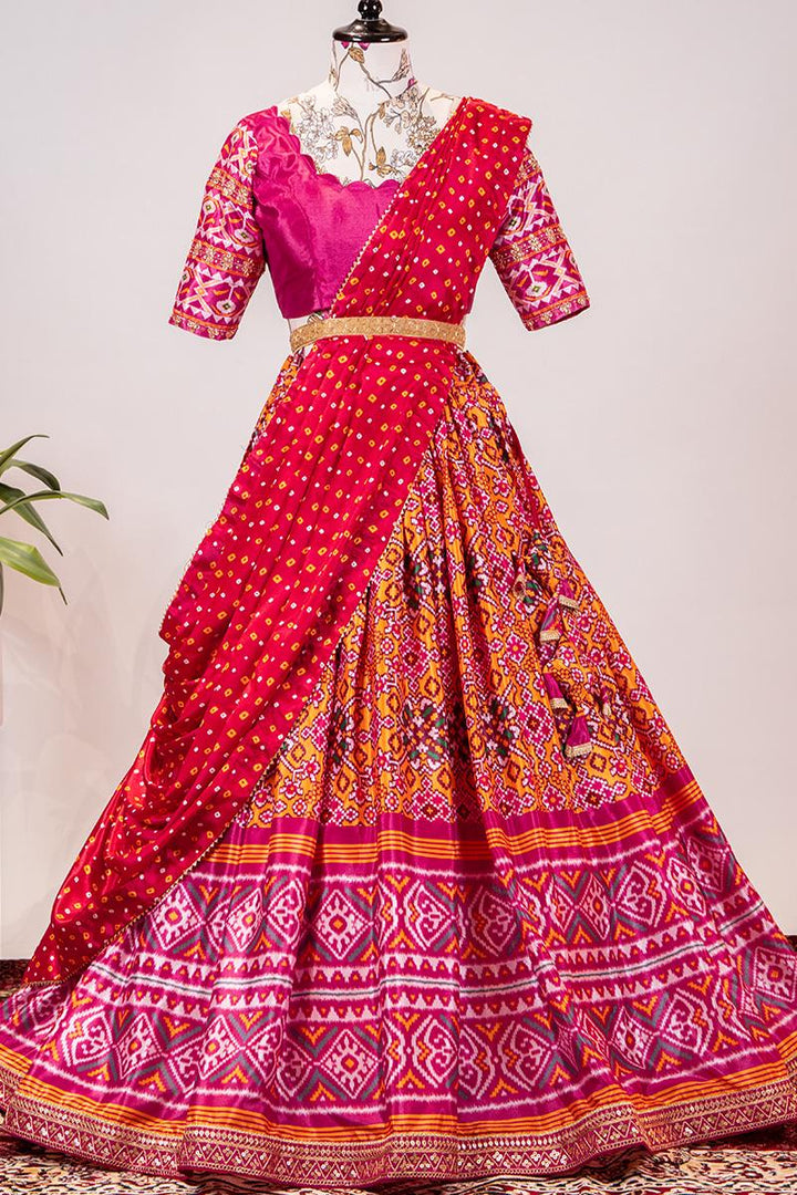 Pink Color Leheriya Patola Printed Chinon Lehenga Choli