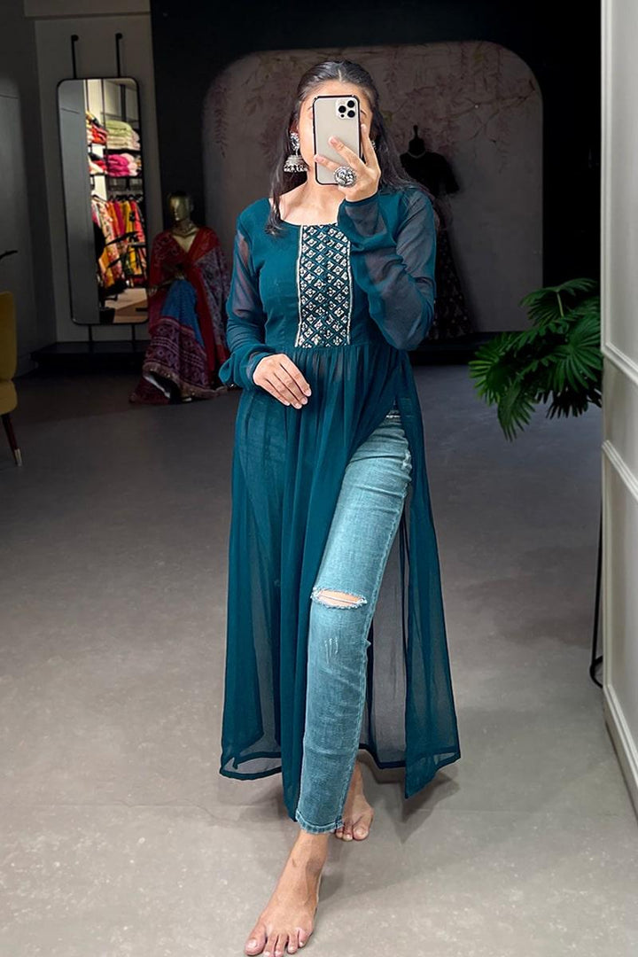 Amazing Firozi Embroidery Work Georgette Nyra Cut Kurti