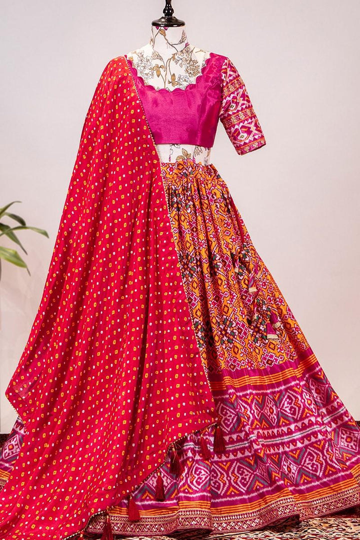 Pink Color Leheriya Patola Printed Chinon Lehenga Choli