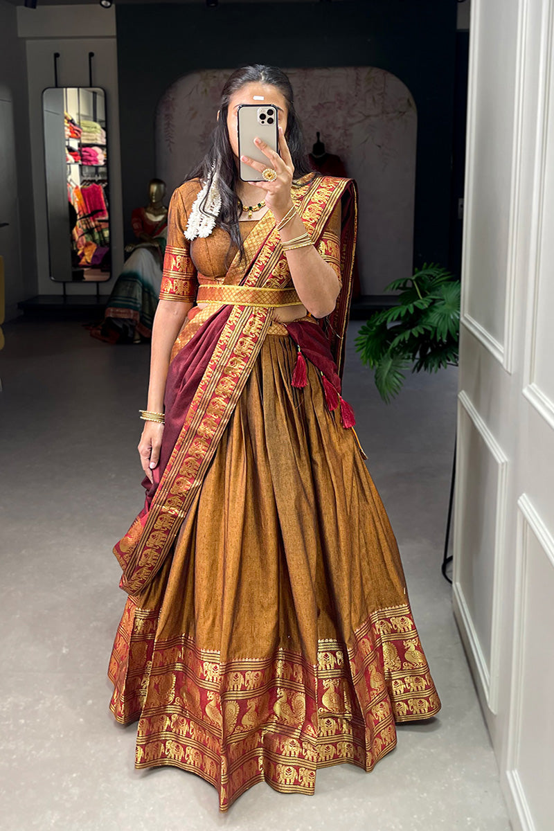 Mustard Yellow Color Narayan Pet Cotton Full Flair Lehenga Choli