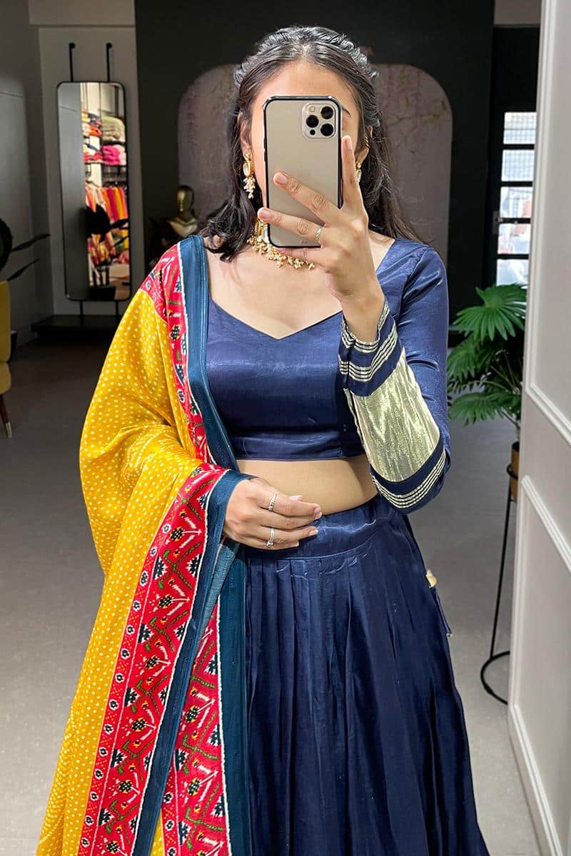 Navy Blue Dyeing With Lagdi Patta Gaji Silk Lehenga Choli