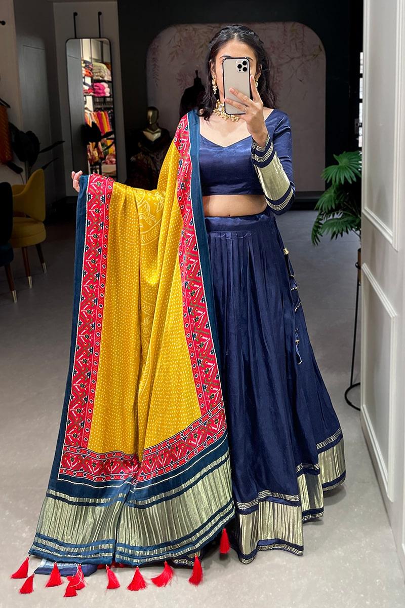 Navy Blue Dyeing With Lagdi Patta Gaji Silk Lehenga Choli