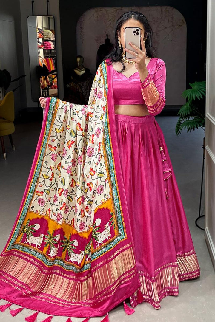 Pink Dyeing With Lagdi Patta Gaji Silk Lehenga Choli