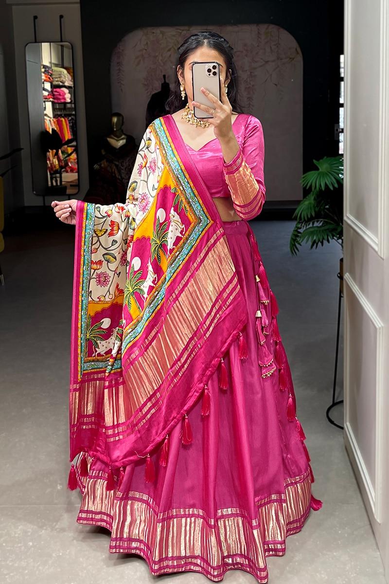 Pink Dyeing With Lagdi Patta Gaji Silk Lehenga Choli