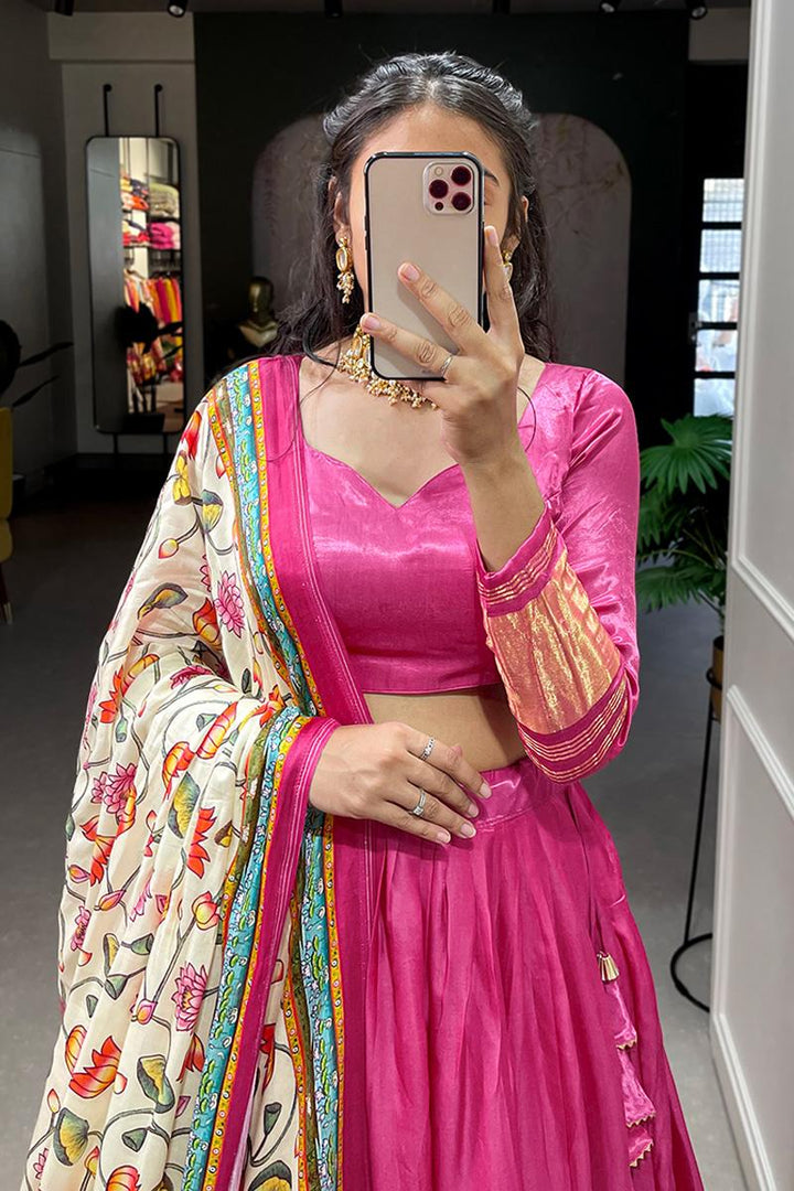 Pink Dyeing With Lagdi Patta Gaji Silk Lehenga Choli