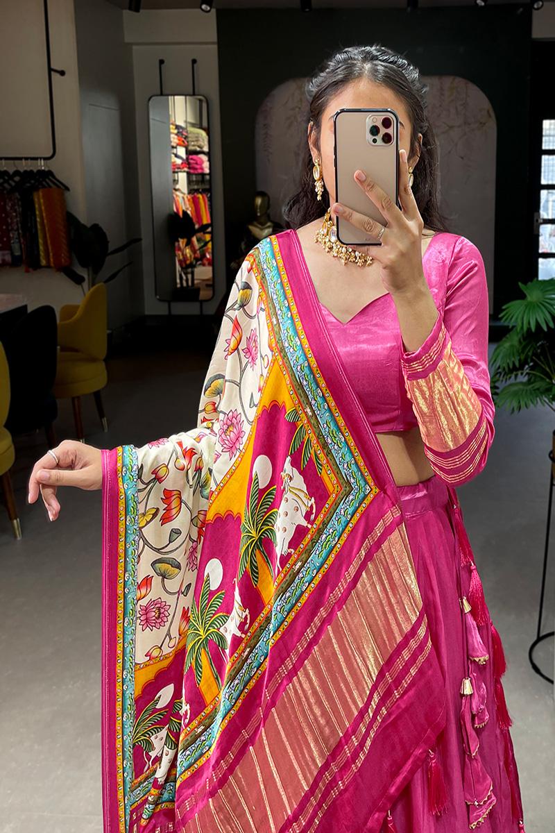 Pink Dyeing With Lagdi Patta Gaji Silk Lehenga Choli