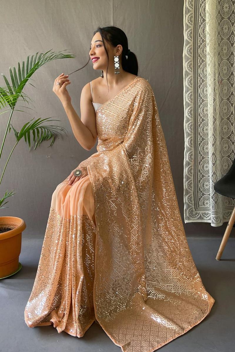 Cream Heavy Soft Georgette Sequance Party Wear Saree