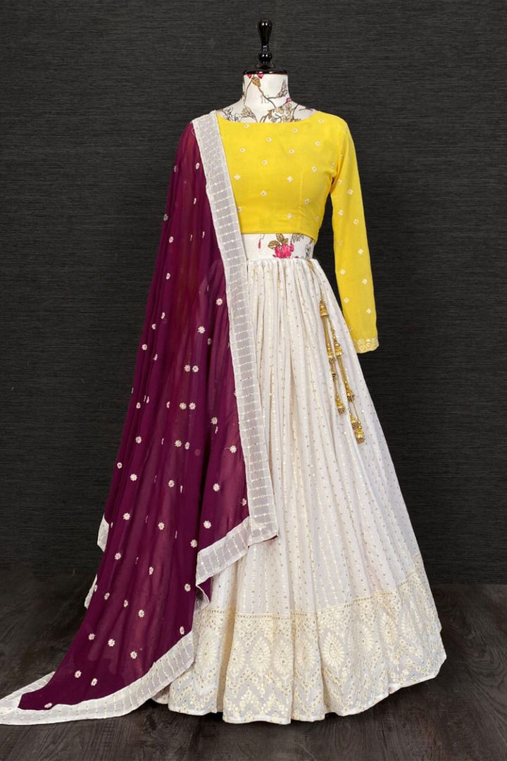 White Lucknowi Sequance Work Lehenga Choli