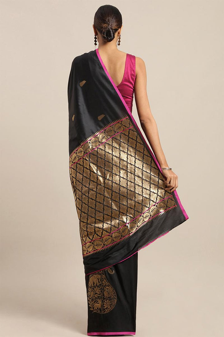 Beautiful Weaving Zari Work Gold And Black Banarasi Silk Saree