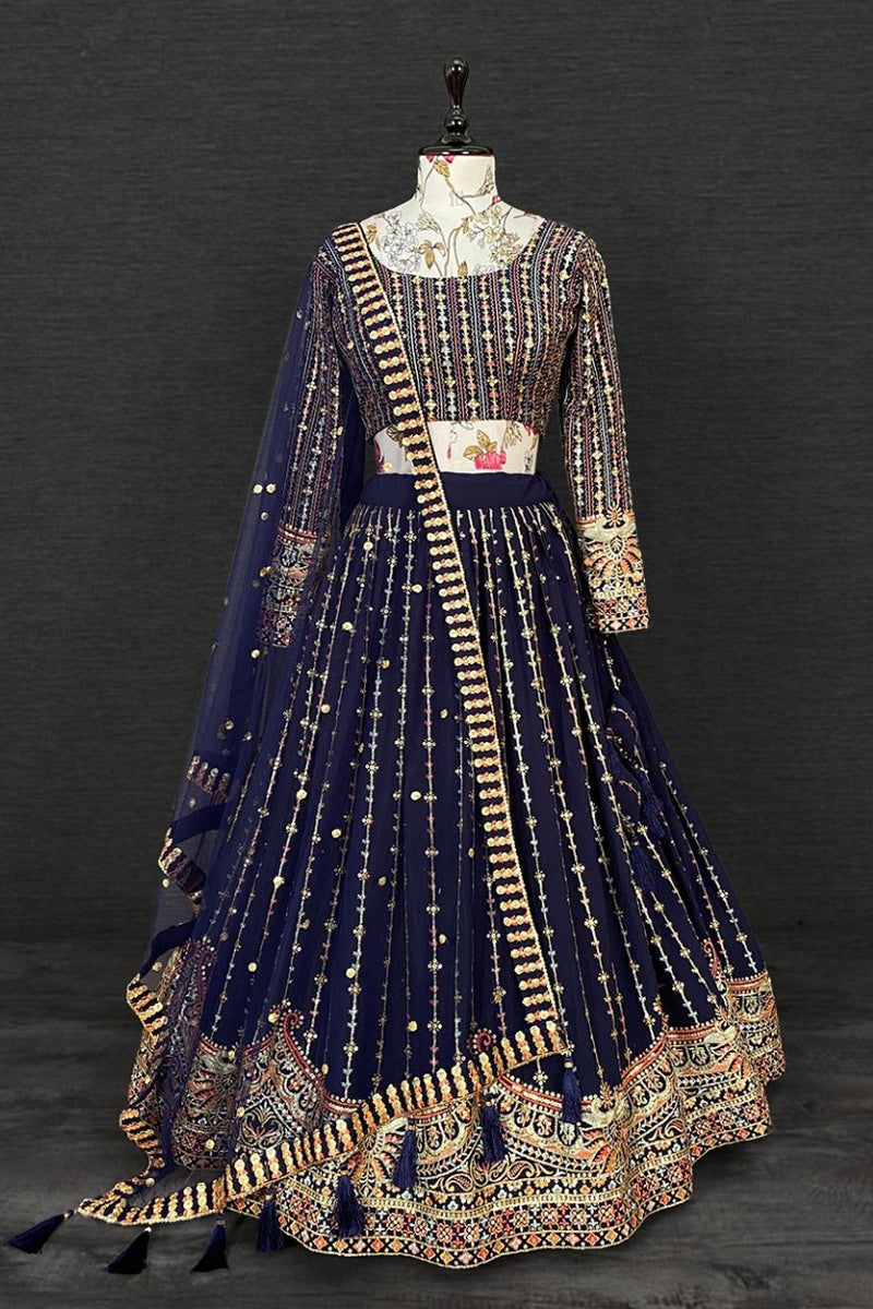 Heavy Georgette Navy Blue Embroidery Lehenga Choli