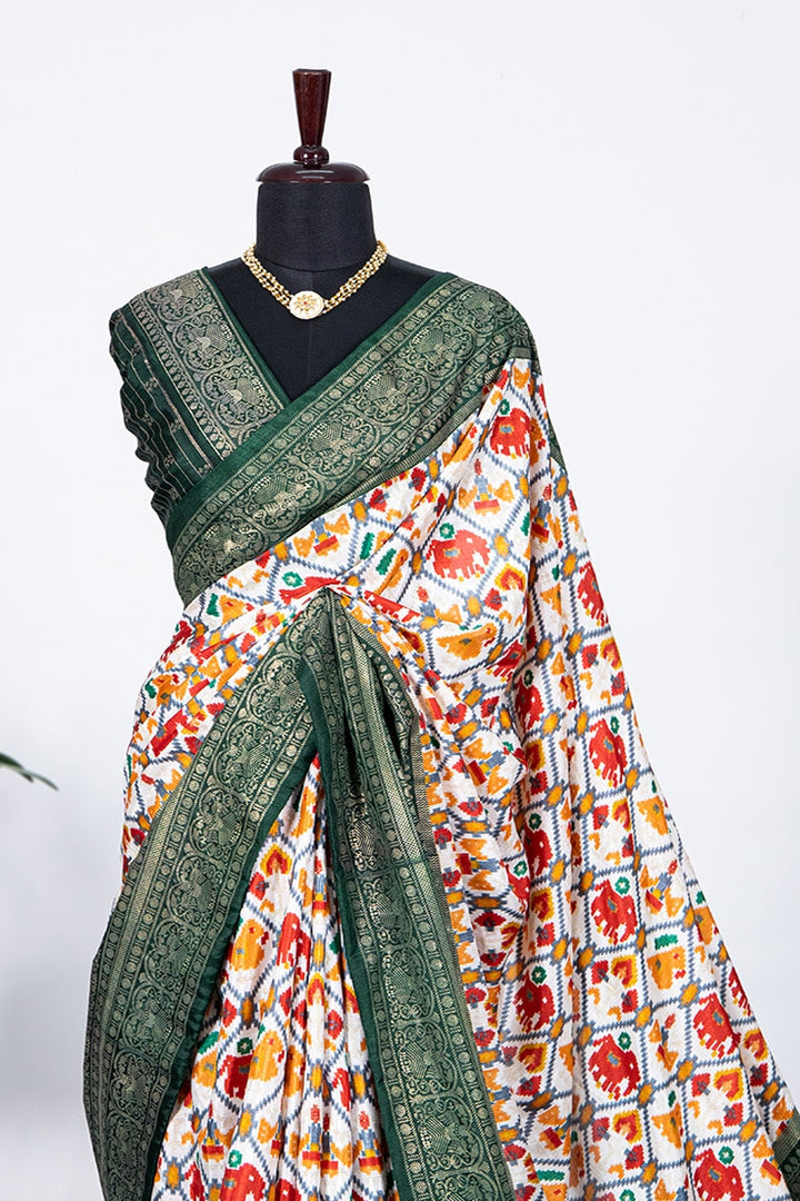 Green Black Color Patola Print With Foil Work Dola Silk Saree