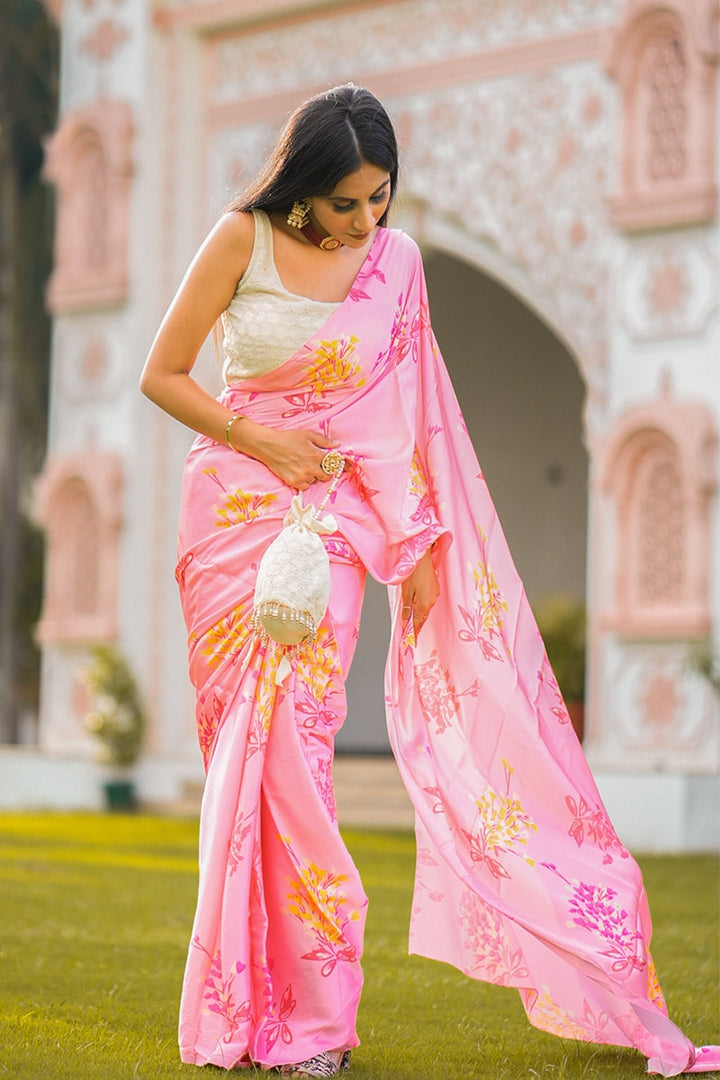 New Fancy Light Pink Printed satin silk Saree