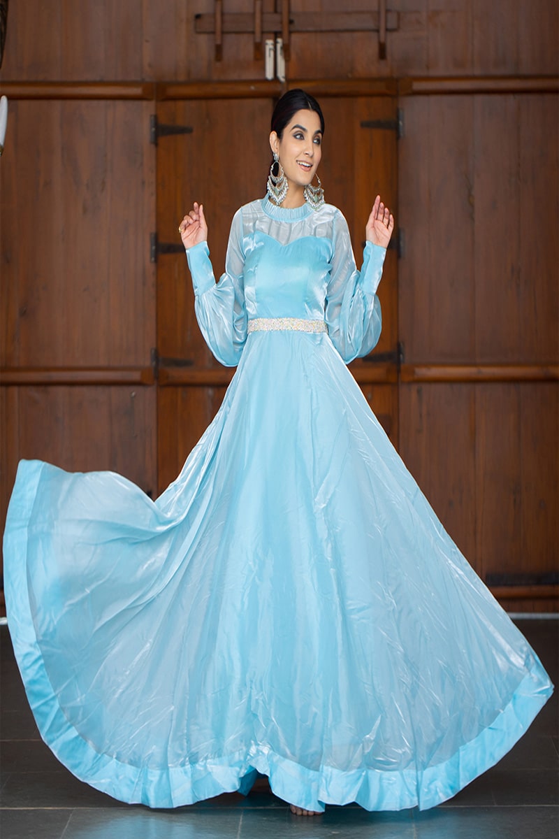 Sky Blue Full Flair Full Stitched Jimi Silk Gown