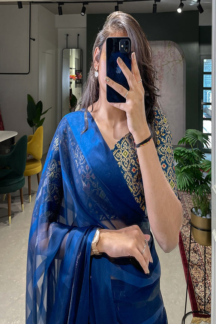 Navy Blue Color Satin Silk With Zari Patta Party Wear Saree