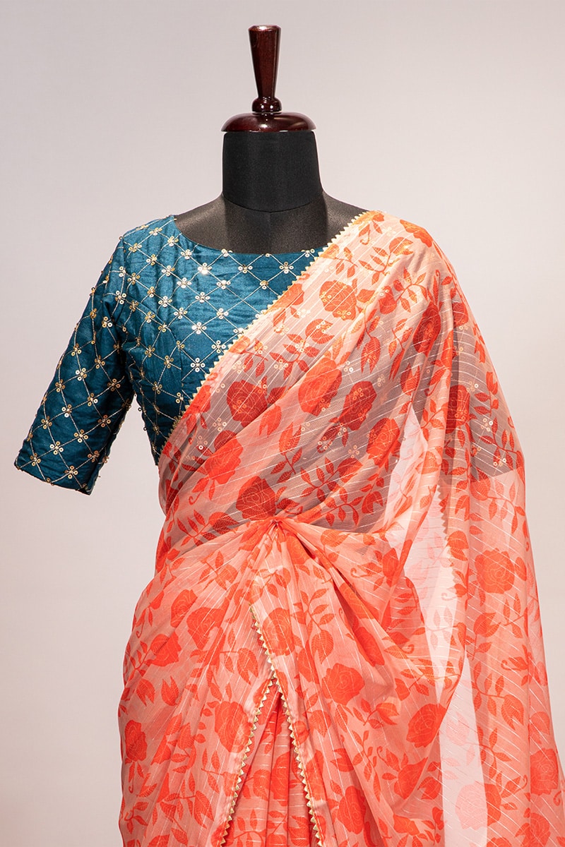 Orange Color Embroidery Work Zari Chiffon Printed Saree