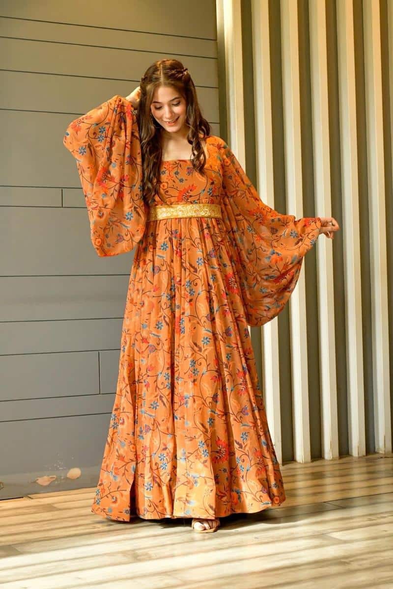 Orange Printed Balloon Sleeve Gown with Belt