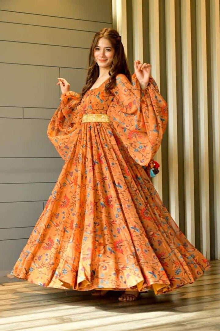 Orange Printed Balloon Sleeve Gown with Belt