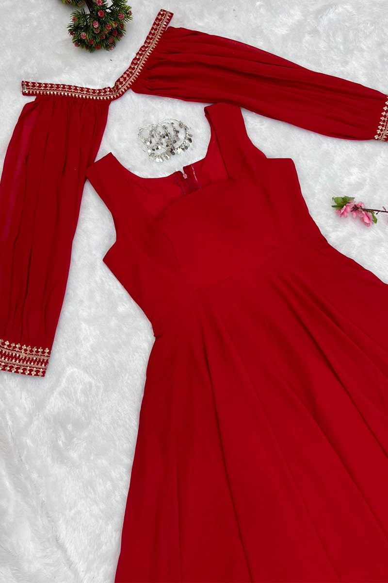 Red Detachable Sleeves Georgette Anarkali Suit Gown