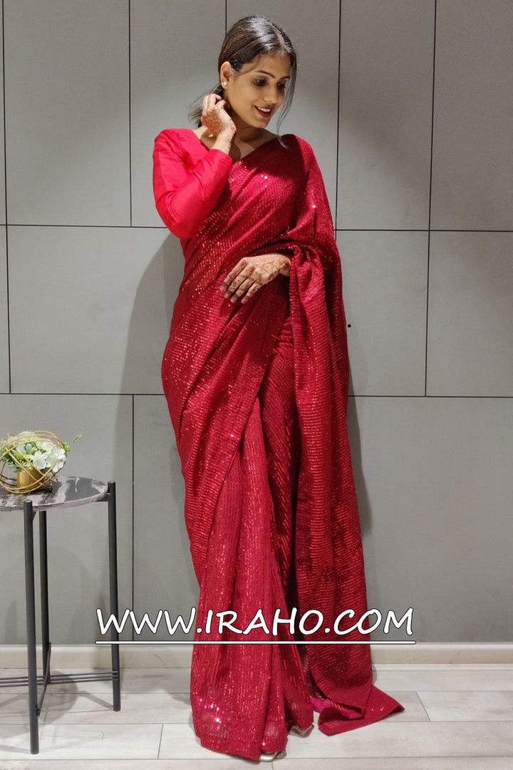 Red Georgette Sequence Work Ready To Wear Saree