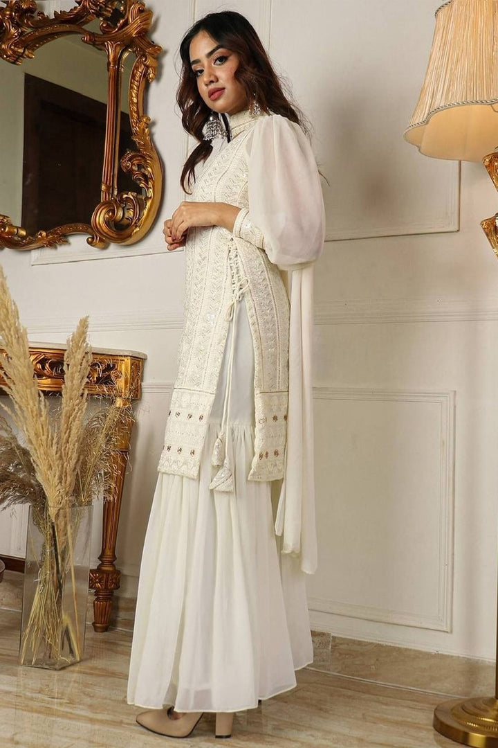 White Lucknowi Work Three Piece Sharara Suit