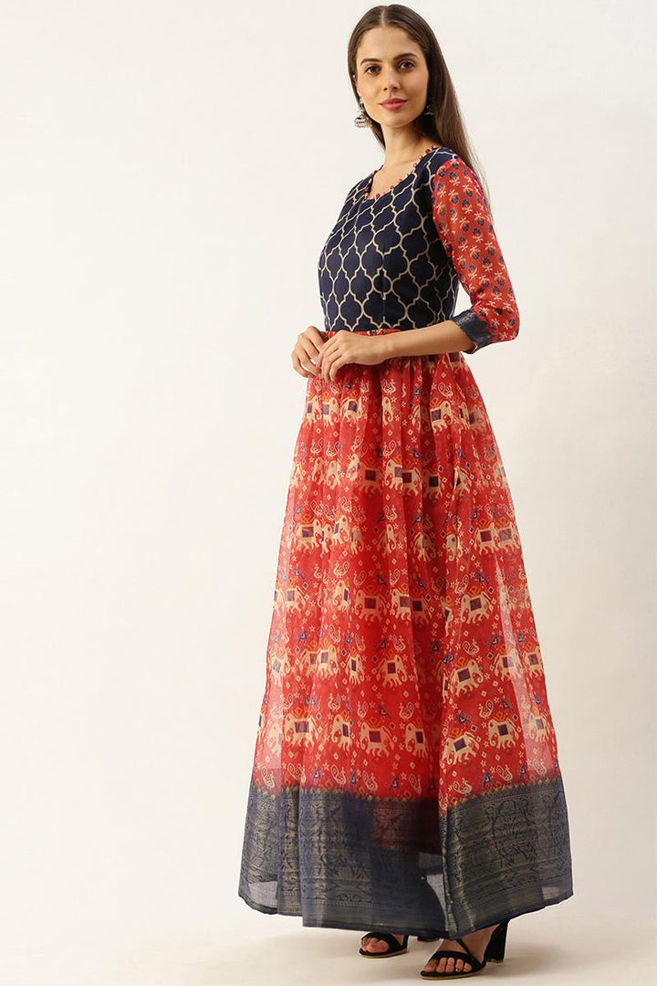 Red Blue Soft Cotton Beautiful Gown