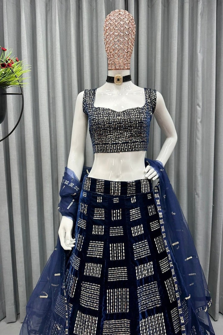 Sequence Box Blue Designer velvet Lehenga Choli