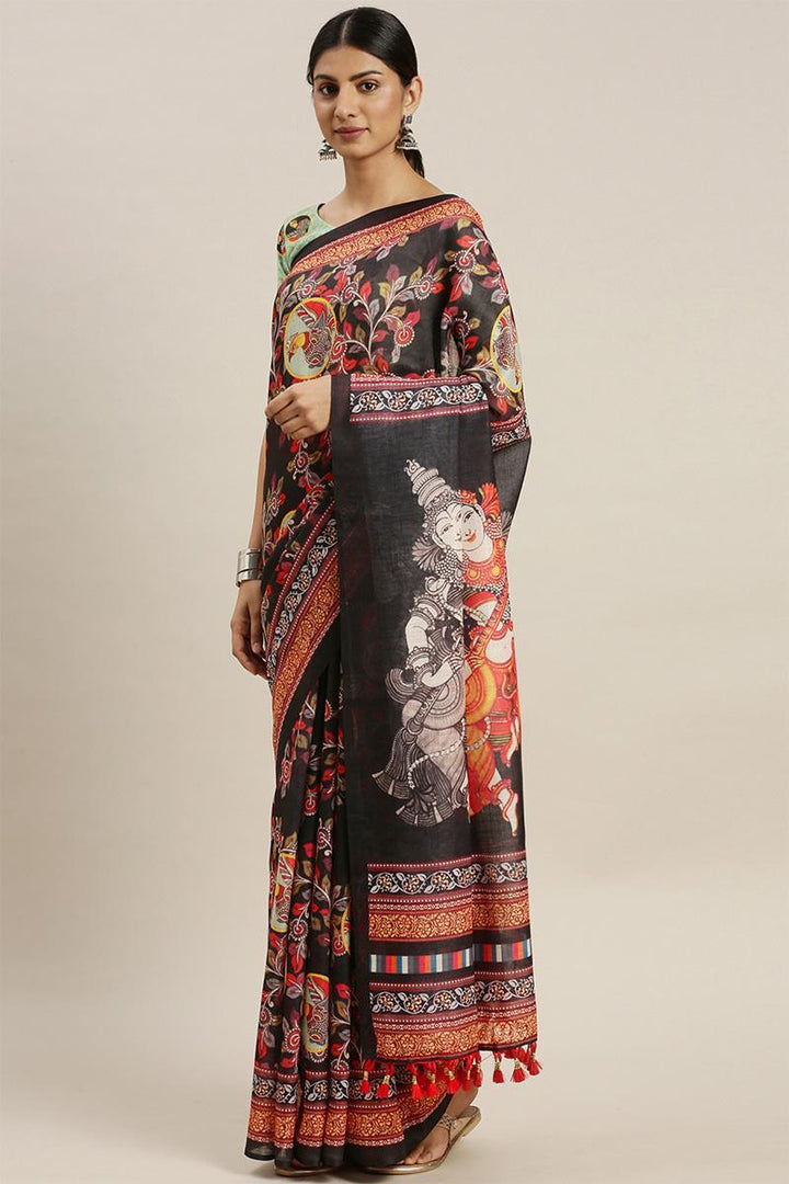 Black Linen Digital Printed Saree