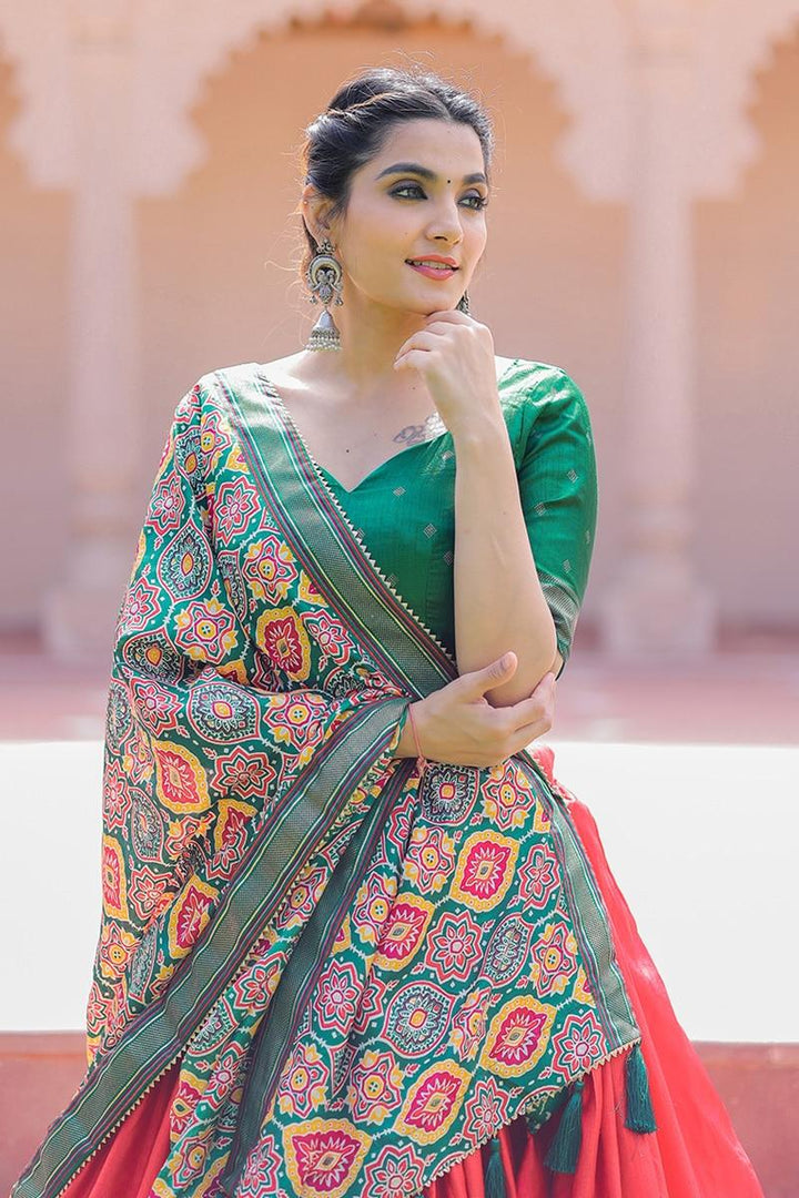 Awesome Red And Green Printed Dola Silk Lehenga Choli