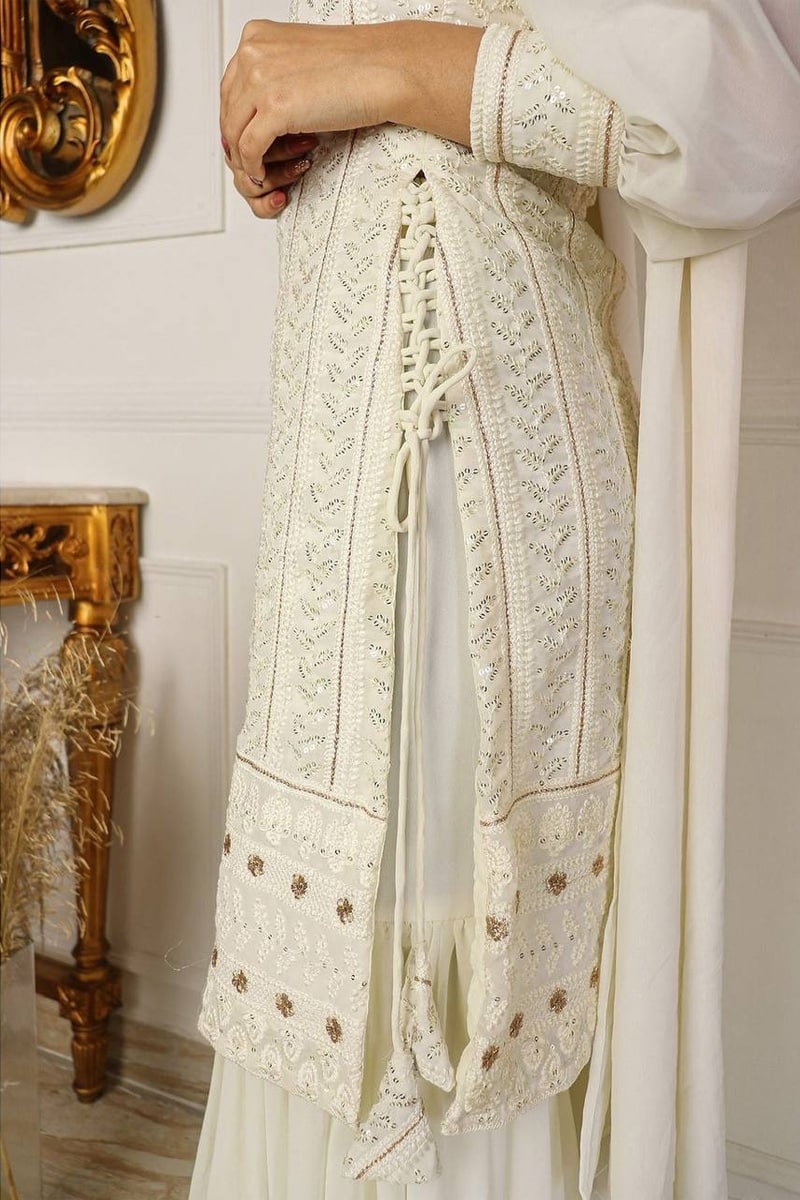 White Lucknowi Work Three Piece Sharara Suit