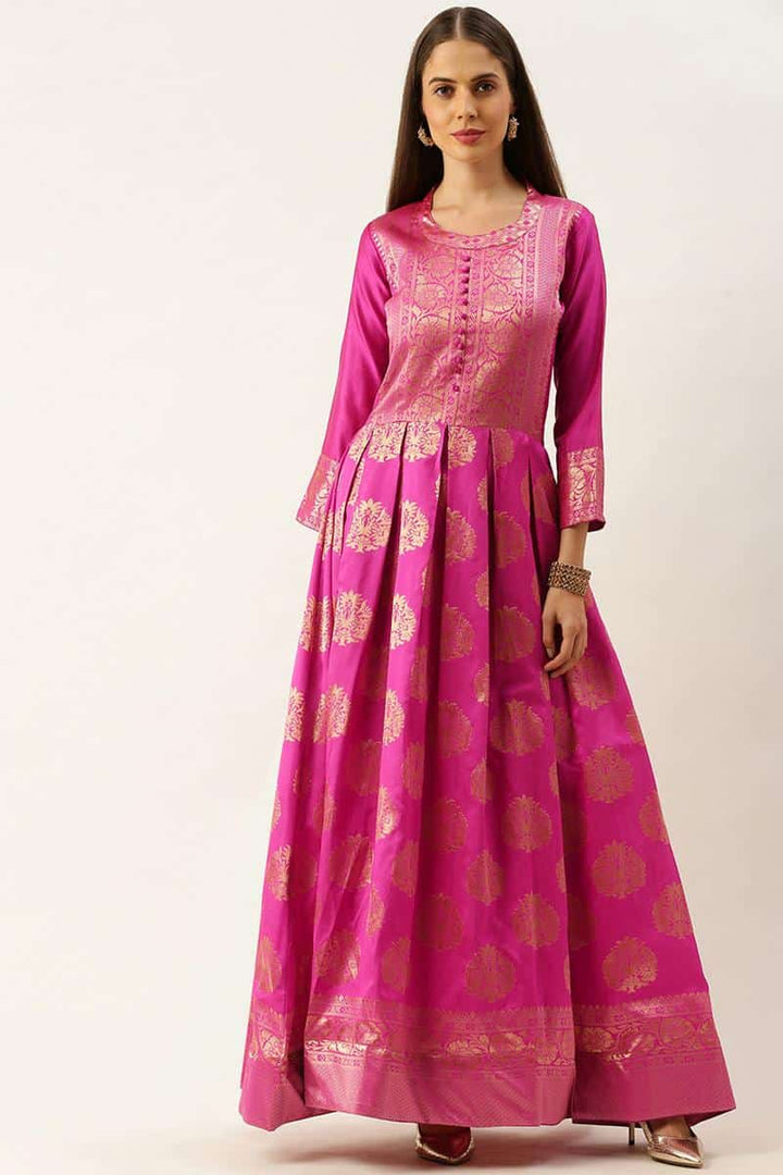 Pink Soft Silk Banarasi Gown