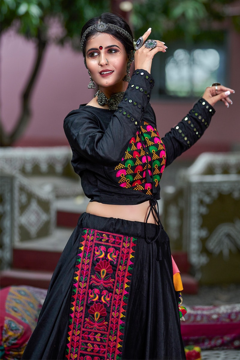 Black Soft Cotton Real Mirror Navratri Lehenga Choli