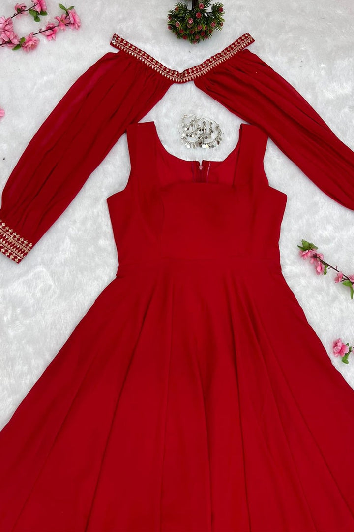 Red Detachable Sleeves Georgette Anarkali Suit Gown