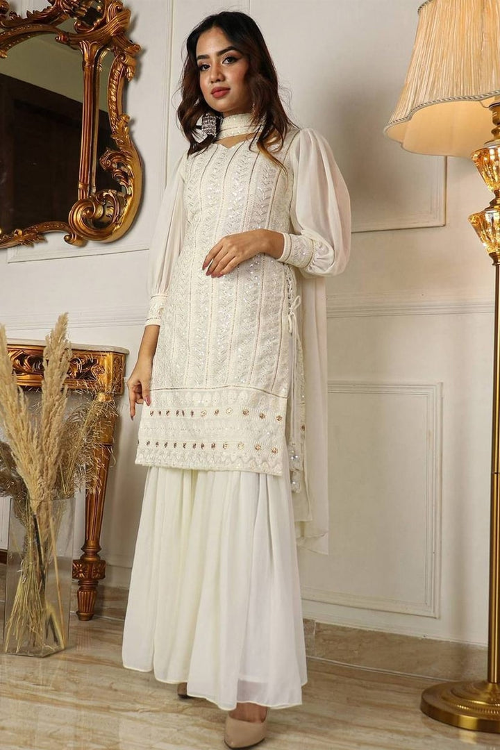 White Lucknowi Work Three Piece Sharara Suit