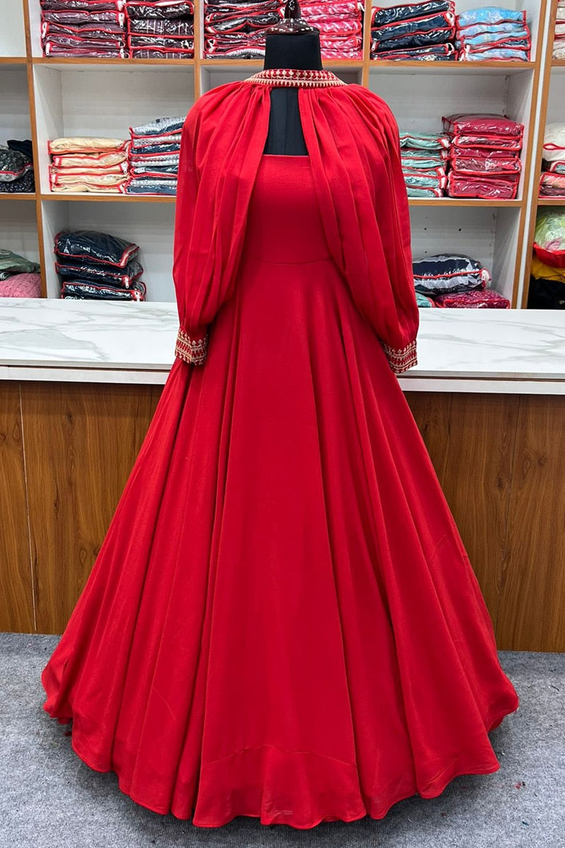 Red Detachable Sleeves Georgette Anarkali Suit Gown